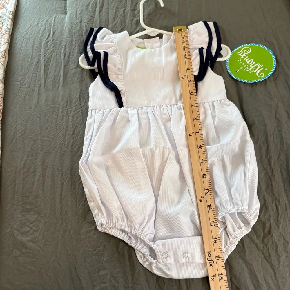 Classic Whimsy Flutter Sleeve Bubble Monogramable Romper. Size 24 months.